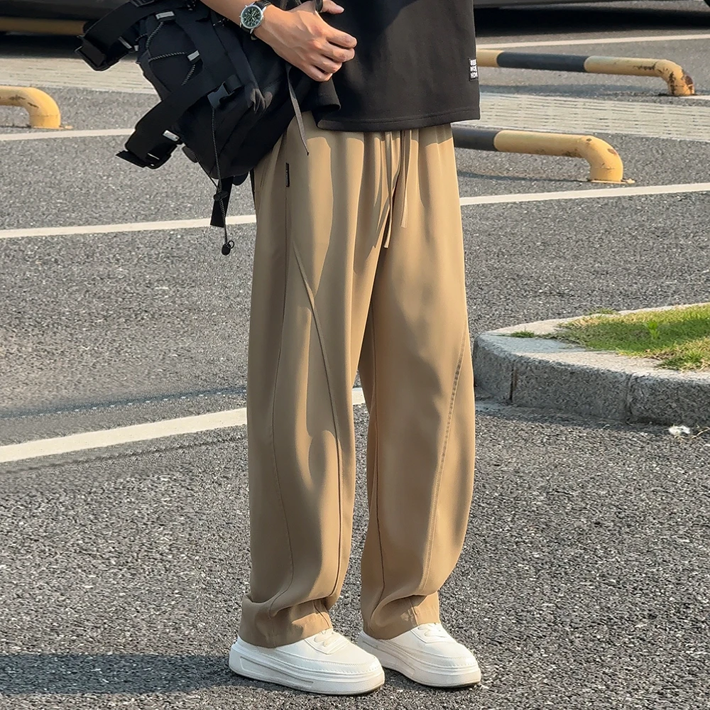 卡其色冰纱垂感冰丝休闲裤子男夏季宽松直筒运动冰感弯刀裤男裤子