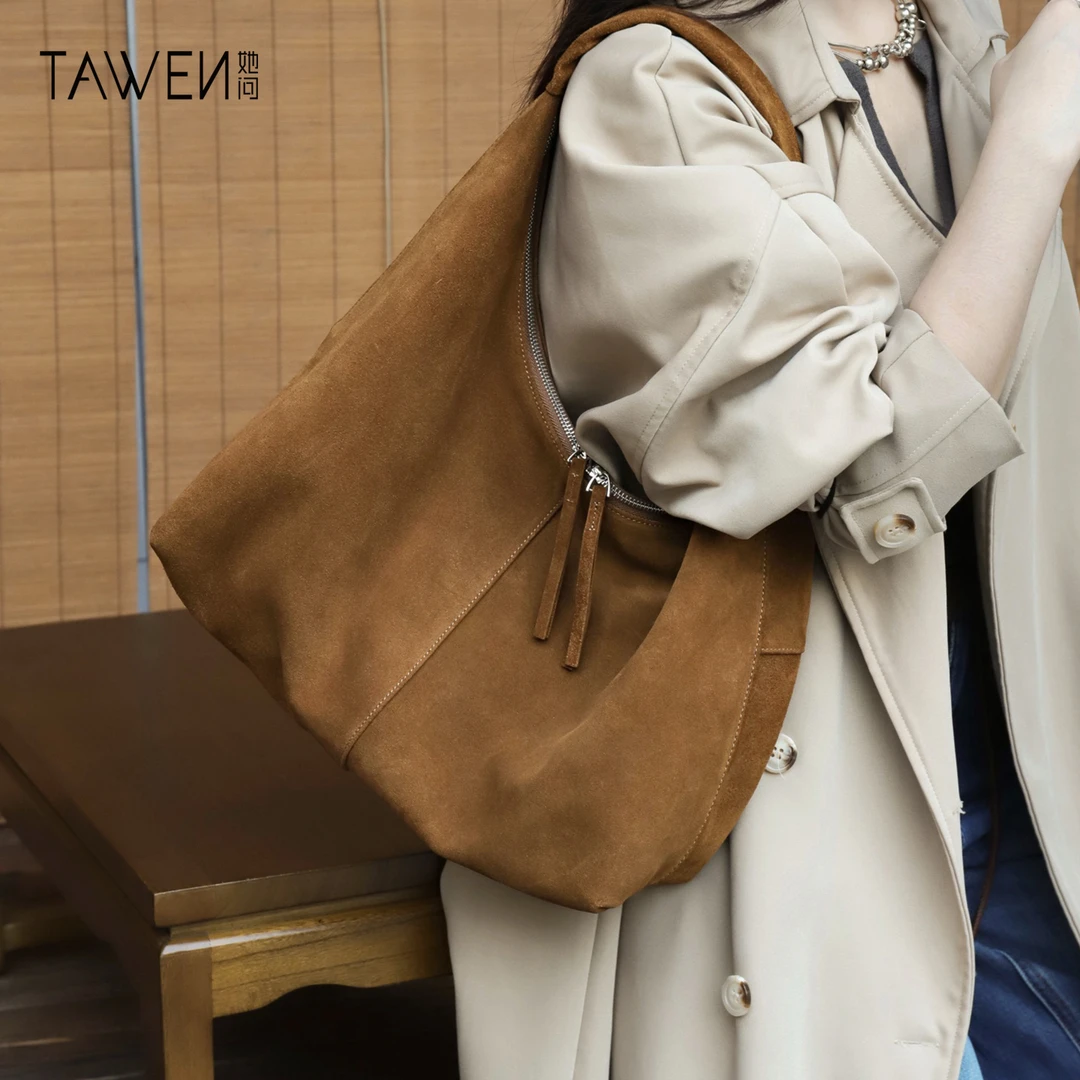 TAWEN 秋冬磨砂牛皮hobo包包女2025新款大容量托特包通勤单肩包