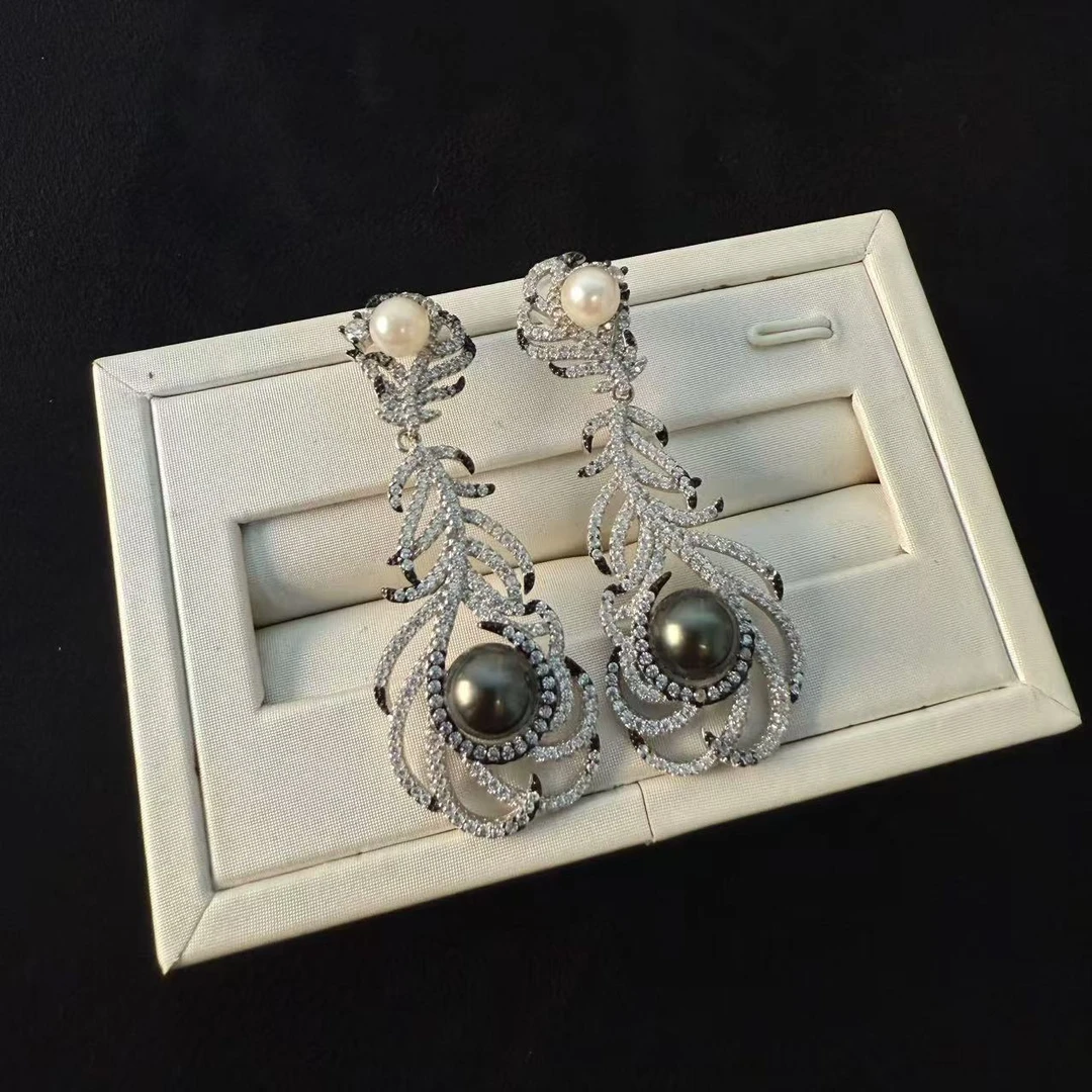 重工定制设计师款海水双珠耳环S925银天然大溪地akoya珍珠耳钉