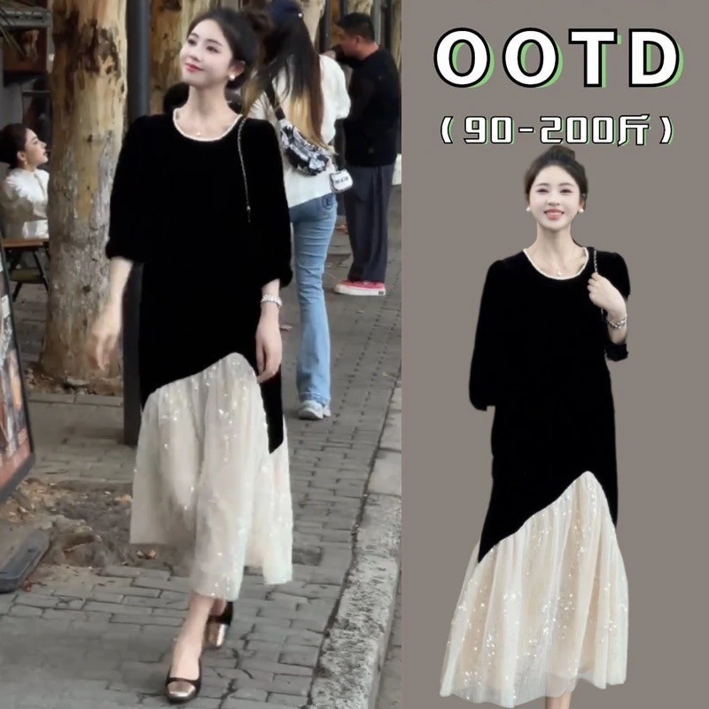 胖显瘦连衣裙2025春季新款大码韩版宽松遮肉气质高级感丝绒长裙