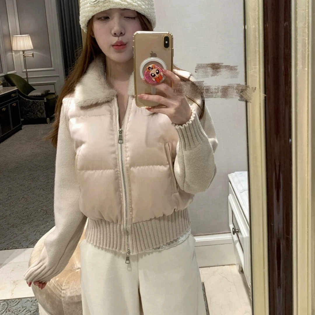 毛毛领珠光拼接外套保暖外套新国标有质检韩系针织