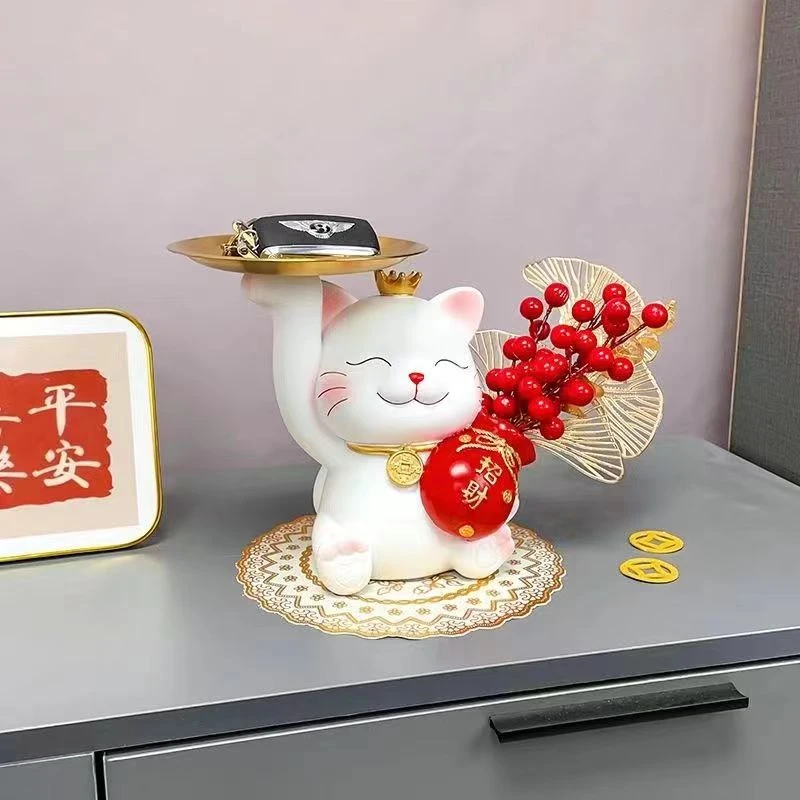 新款招财猫入户玄关摆件钥匙收纳红浆果摆件客厅酒柜装饰品