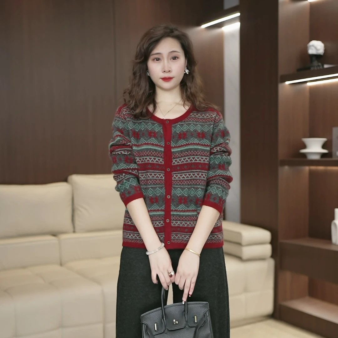 新年款费尔岛条纹撞色长袖羊毛开衫女百搭软糯毛衣潮3752