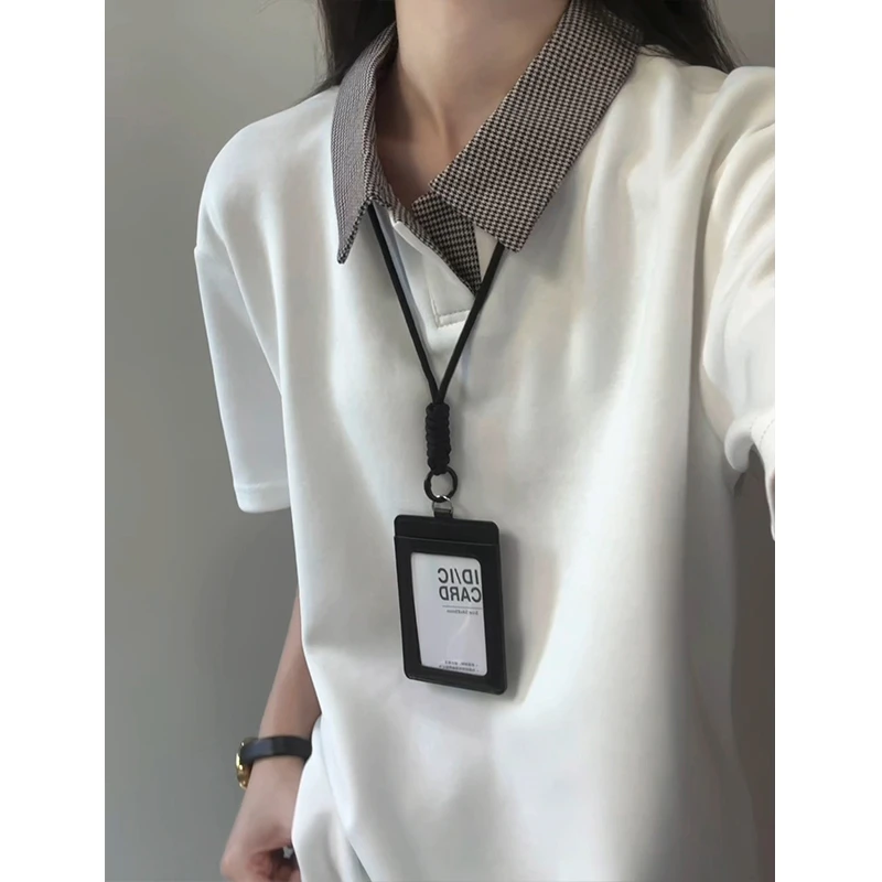 千鸟格拼接polo衫短袖男款夏季美式复古情侣重磅t恤高级感半截袖