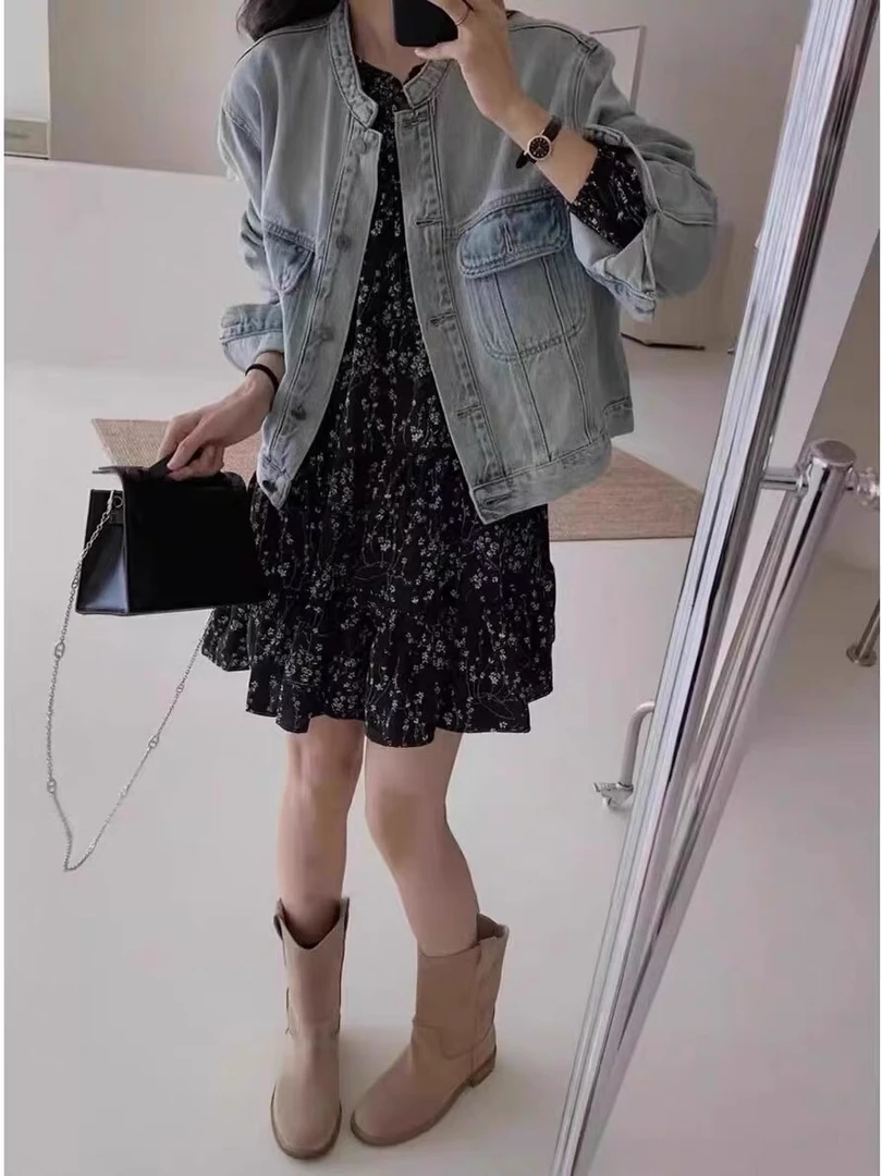 2024年早秋新款复古水洗宽松圆领百搭牛仔外套碎花连衣裙两件套女