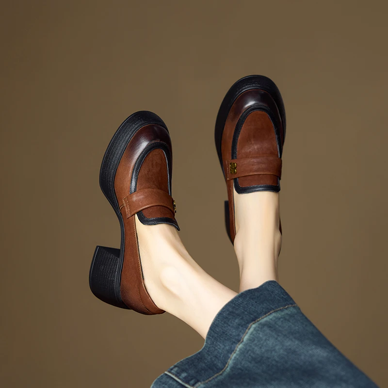 牛皮/8cm/春秋新款小个子增高跟鞋时尚百搭粗跟厚底真皮单鞋女鞋