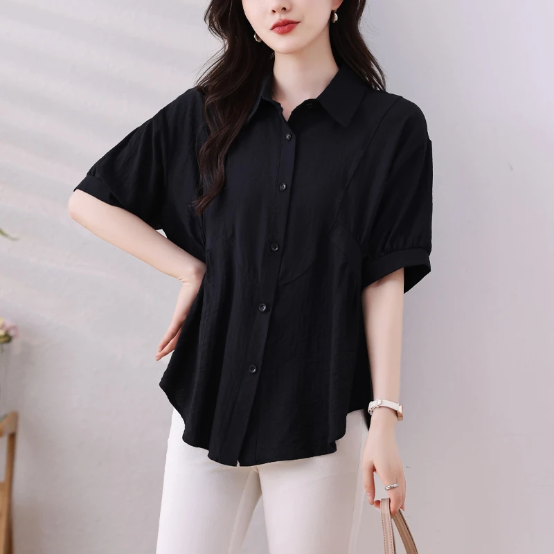 大码黑色短袖衬衫女夏季新款减龄洋气高级感时尚宽松别致衬衣上衣
