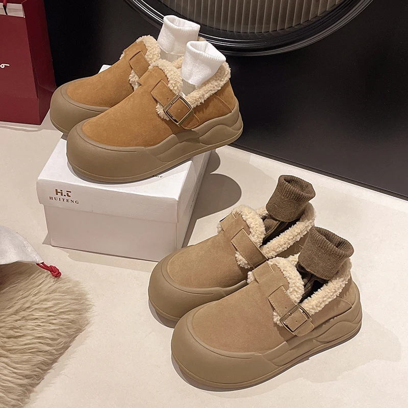 （微瑕）厚底勃肯鞋女2024秋冬新款加绒保暖棉鞋乐福毛毛鞋