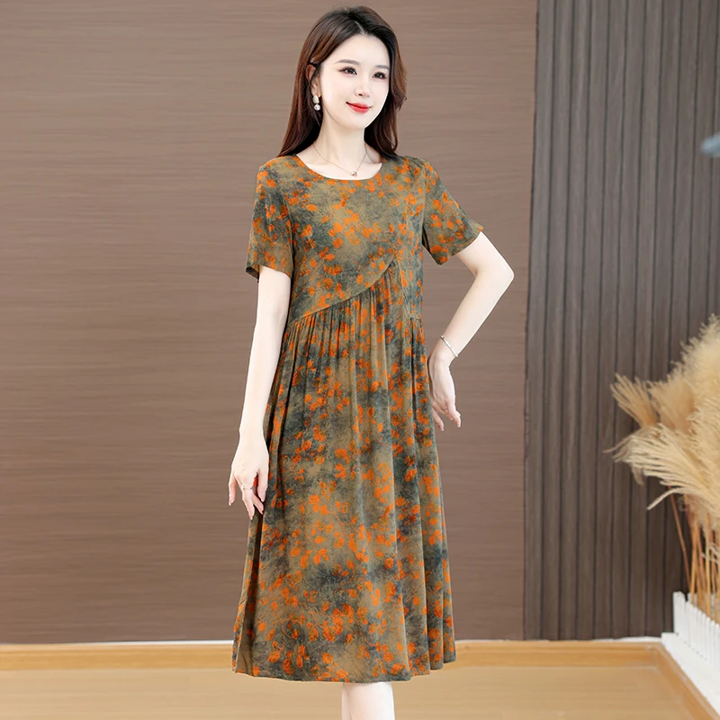 棉绸连衣裙女夏季2025新款人造棉绵绸宽松大码时尚气质中长款裙子