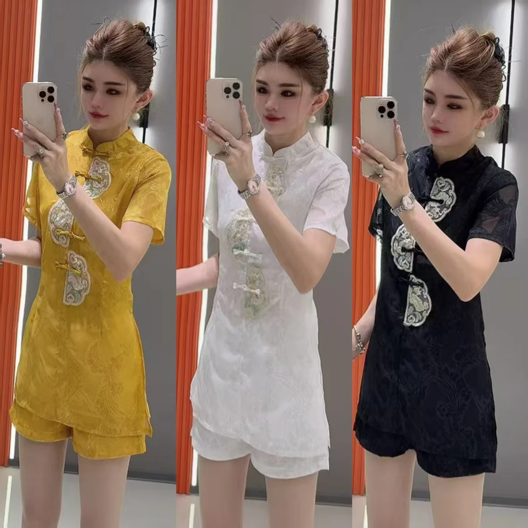 小 8433 国风刺绣雕花盘扣纯色短袖上衣 加 短裤 两件套