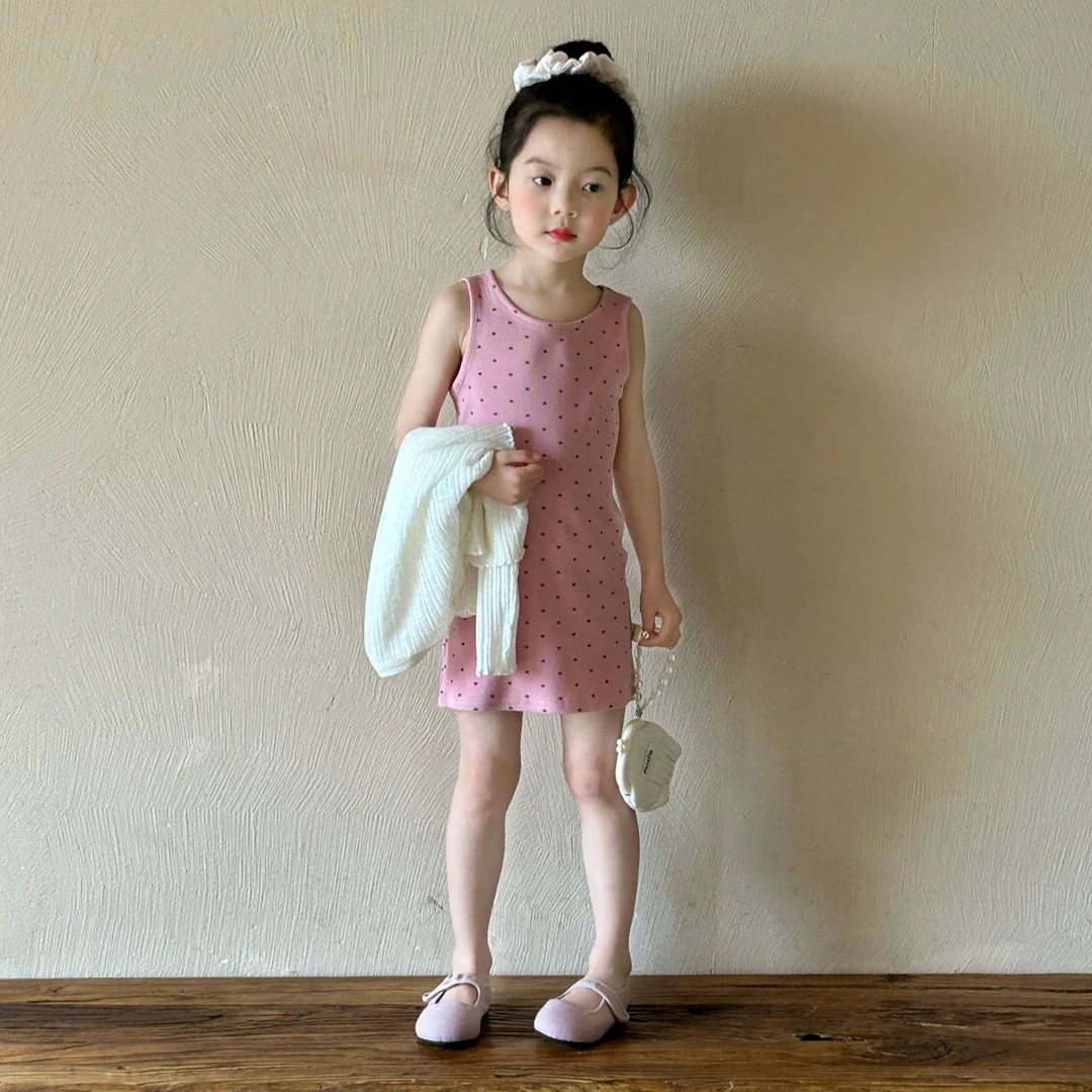 《现货》女童2025夏季新款韩版休闲粉色点子背心连衣裙防晒衫套装