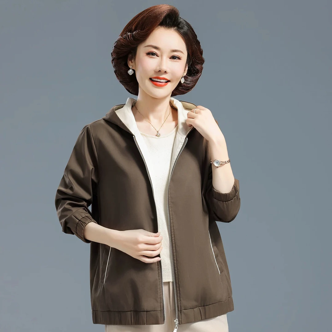 妈妈春秋纯棉外套短款连帽中老年女长袖奶奶上衣全棉休闲洋气时尚