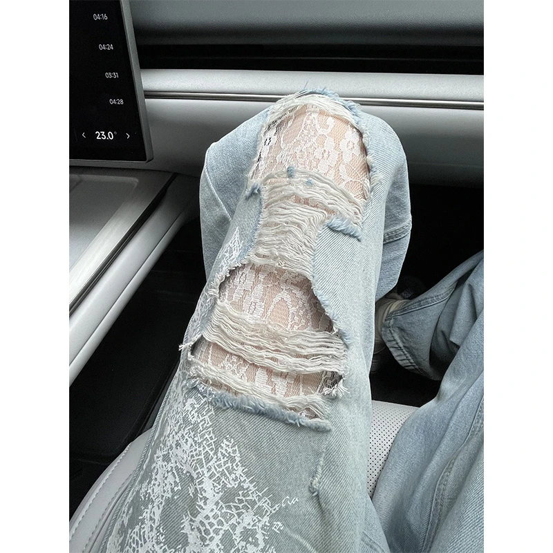 破洞蕾丝阔腿牛仔裤女2025夏季新款时尚设计感显瘦直筒宽松拖地裤