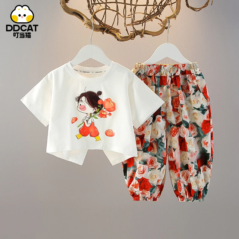 叮当猫女童夏季套装中小童洋气薄款夏装儿童女宝宝短袖两件套童装