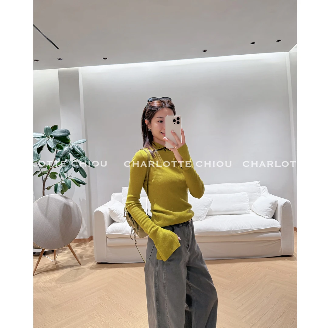 CHARLOTTE CHIOU苔色之境  100%美丽诺羊毛喇叭袖氛围感针织上衣