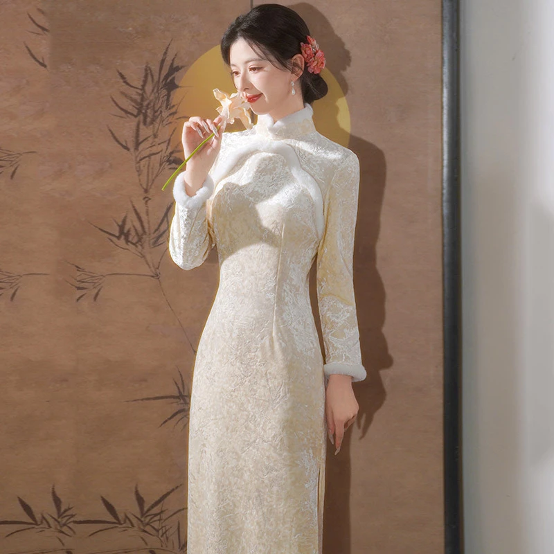 白色冬装加绒加厚国风中式长款长袖旗袍2025新款女复古收腰秋冬季
