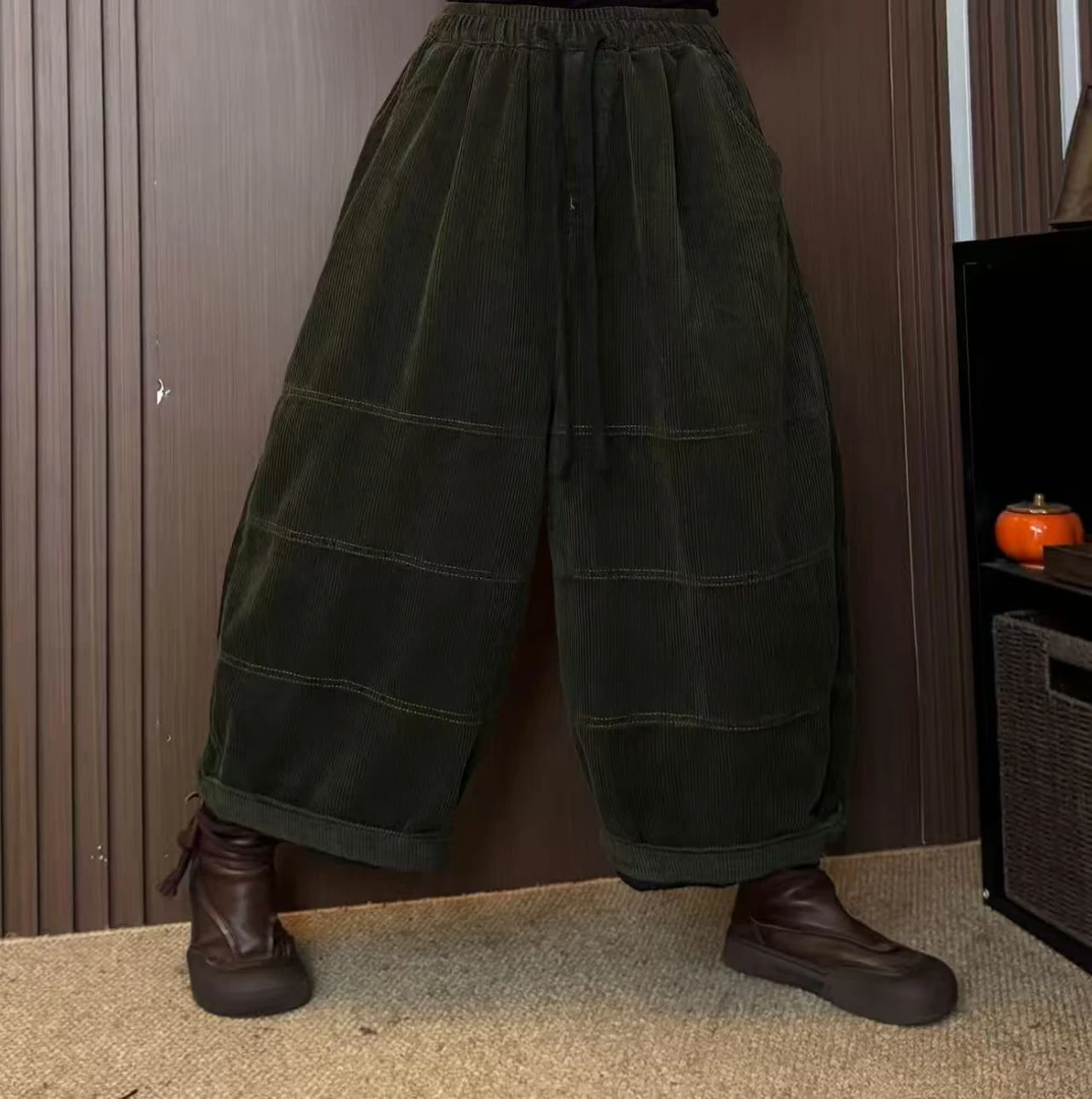 C3347秋冬新款灯芯绒棉裤女加棉宽松休闲裤绗线设计感女裤