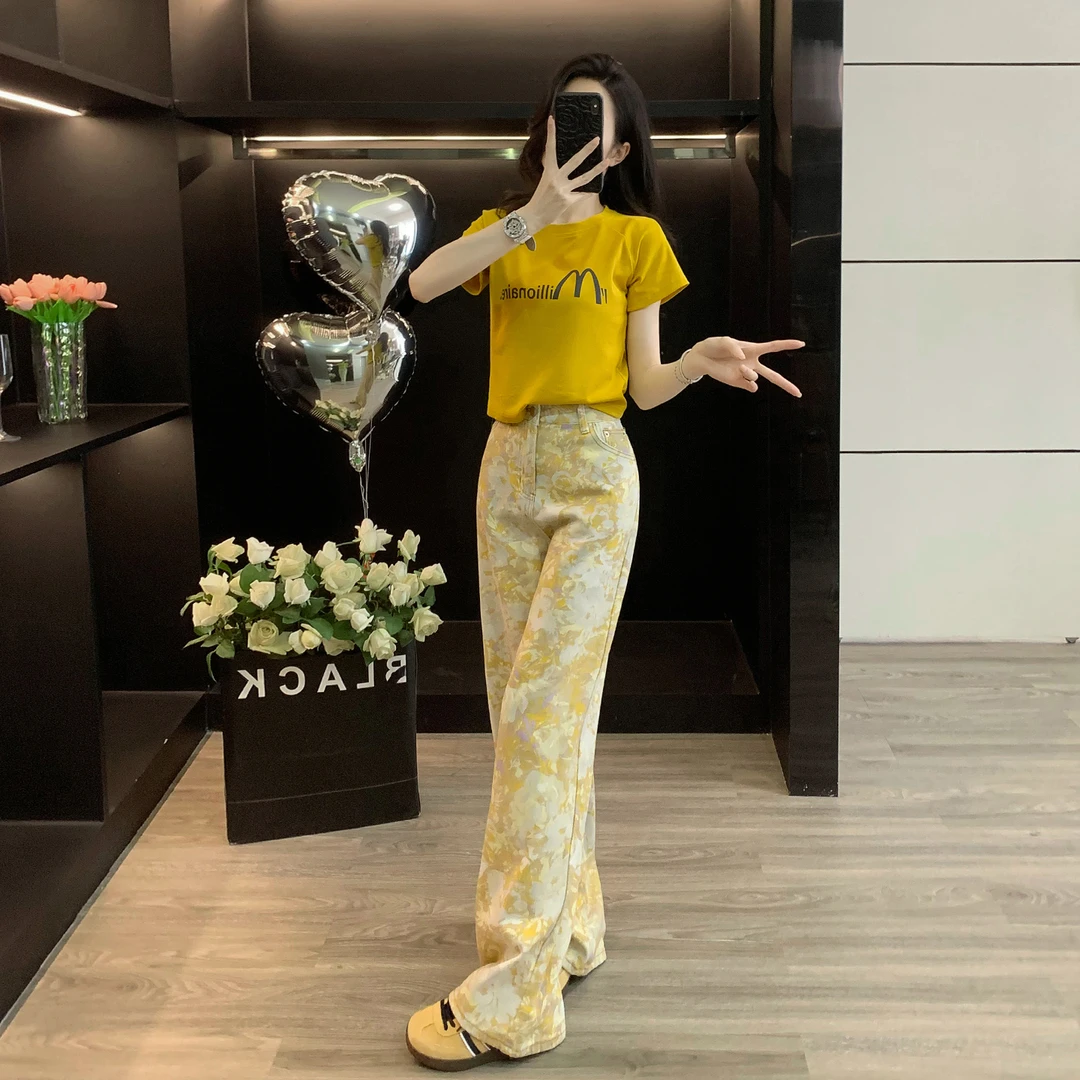 辣妹穿搭时尚套装女2025夏减龄洋气黄色短袖T恤阔腿牛仔裤两件套