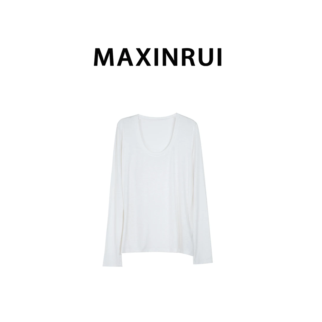 MAXINRUI 白色极简大圆领微透打底衫RRD2508