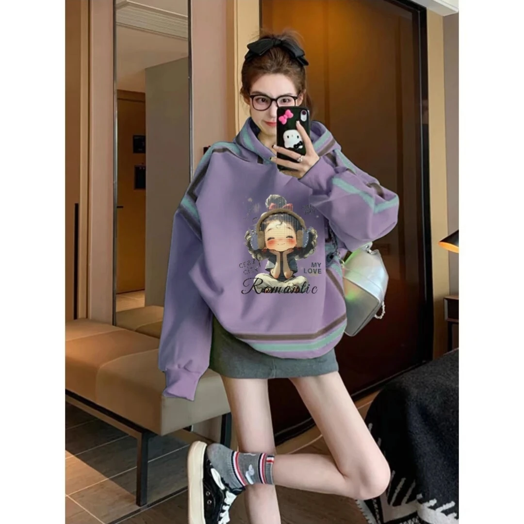 连帽紫色中长款卫衣女春秋新款韩系冬季加绒加厚印花宽松显瘦外套