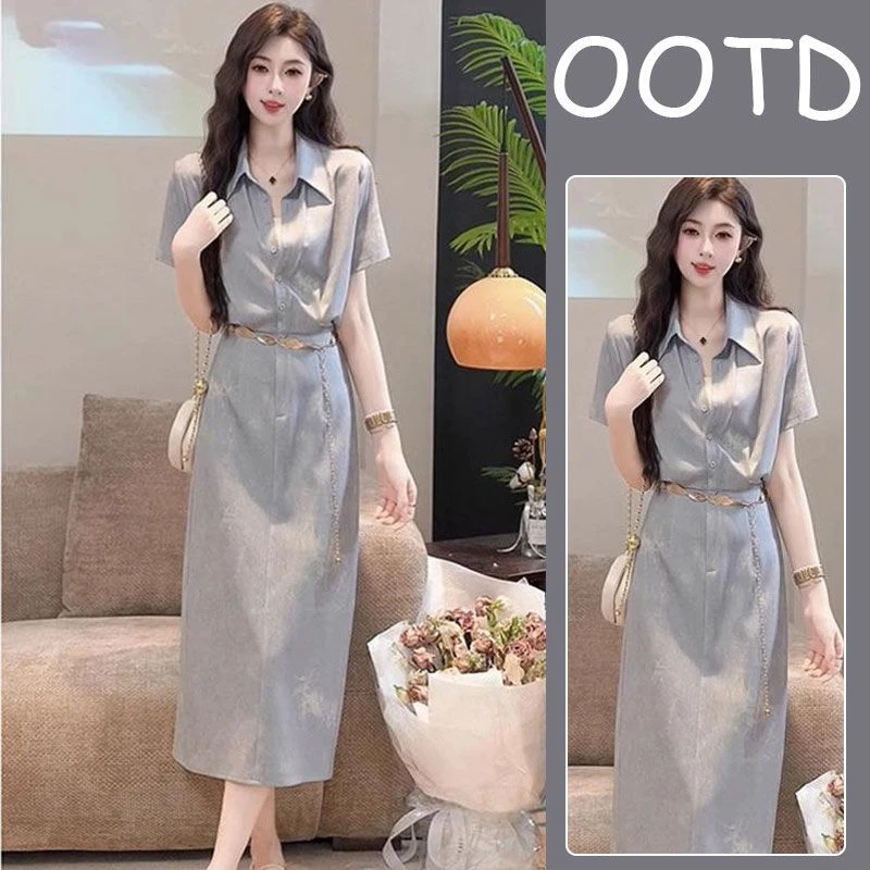 大码港风扎染感衬衫领连衣裙女2025年新款小香风高级通勤收腰