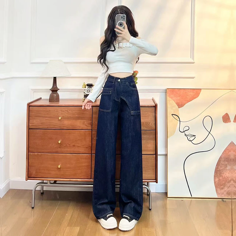 喜绚黑金蓝直筒牛仔裤女春秋季2025新款宽松显高超火设计感阔腿裤