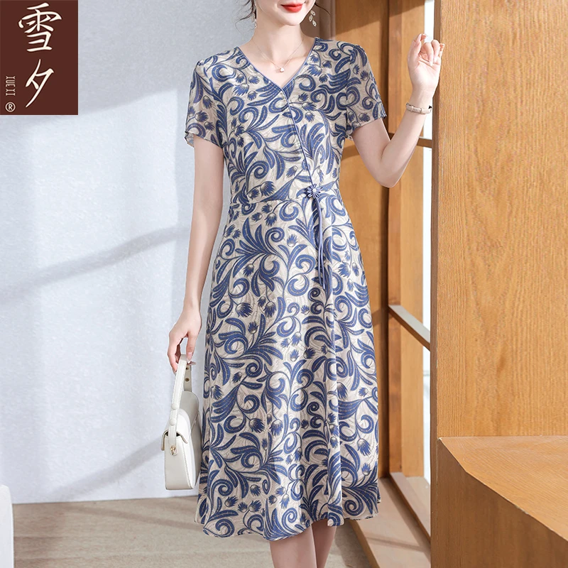 雪夕妈妈连衣裙夏季女2025新款印花短袖中老年收腰显瘦连衣裙洋气