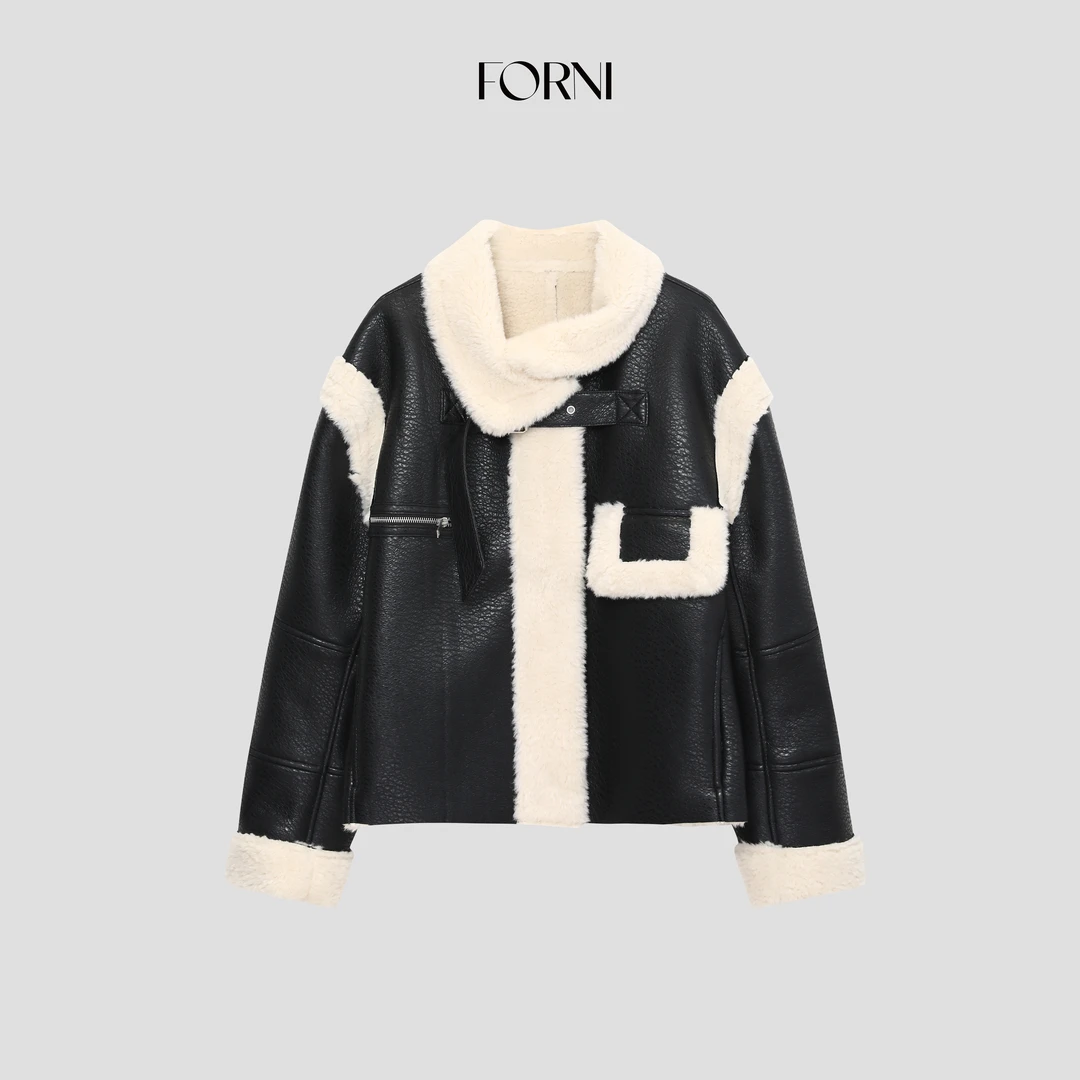 FORNI  哈雷女骑士撞色皮毛一体外套撞色皮毛一体外套