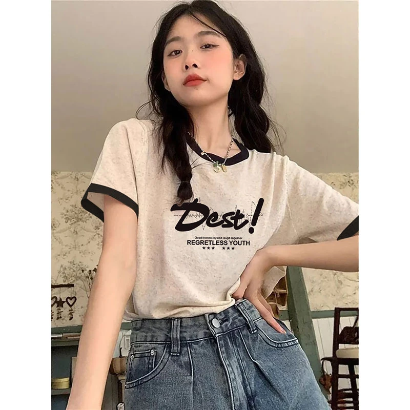 韩系休闲百搭圆领正肩宽松显瘦常规款撞色棉质女夏季短袖T恤上衣