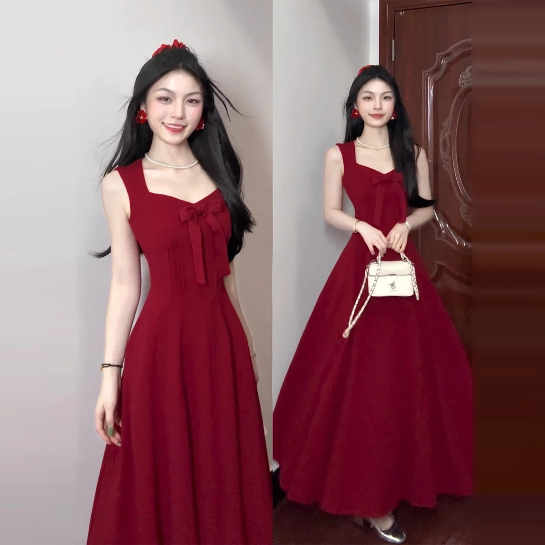 法式红色蝴蝶结无袖吊带连衣裙子女夏季2025新款酷飒风高级感长裙