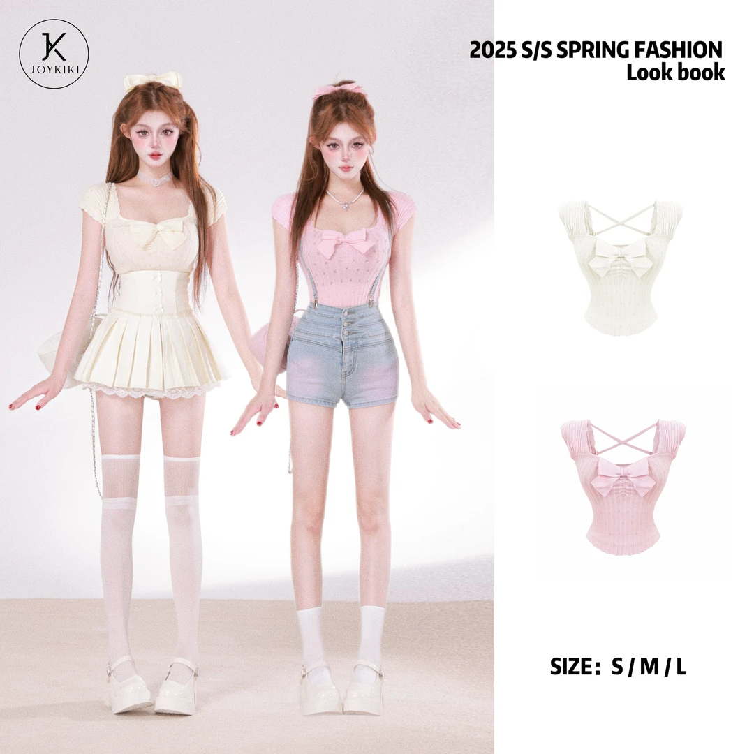 JOY KIKI鹅了么【甜酷月刊】夏季纯欲辣妹小众字蝴蝶结上衣J25B462