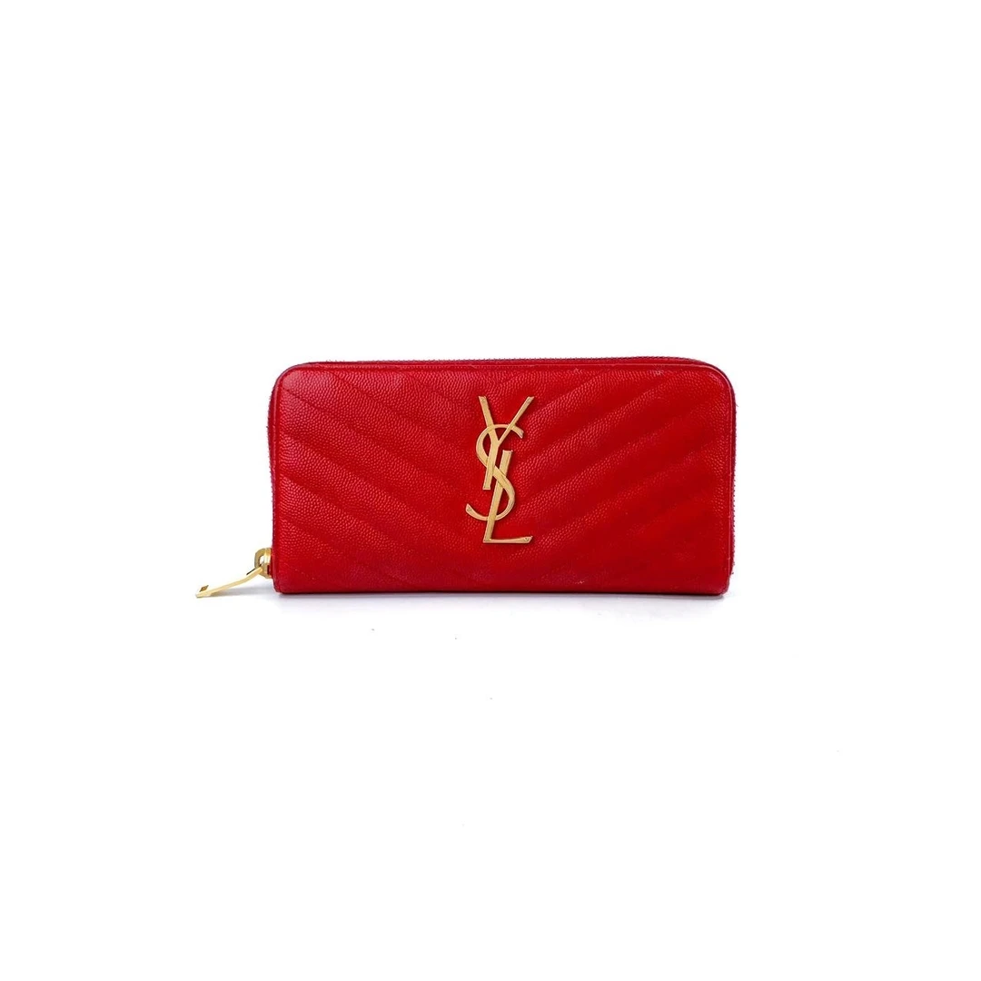 99新 YSL/圣罗兰 颗粒牛皮红色金标手拿包拉链钱包