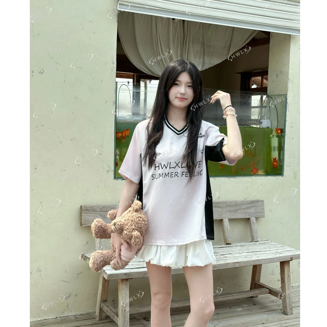 韩汶栩HWLX【百搭球衣】休闲运动夏季透气圆领短T新款甜美新款男女