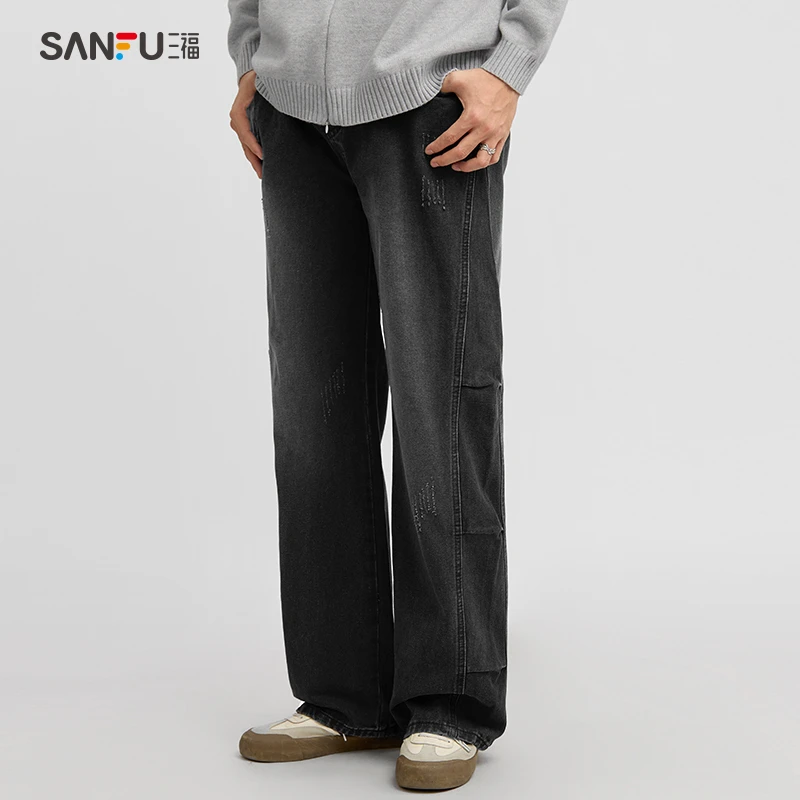 SANFU/三福2025年早春新款港风水洗皱褶分割休闲百搭牛仔裤498272