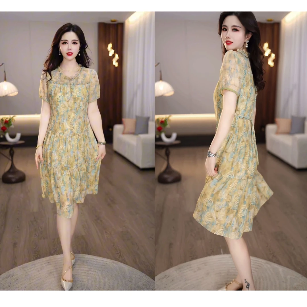 2025夏季新款黄色印花活力减龄蛋糕裙遮肉显瘦女士连衣裙M-4XL
