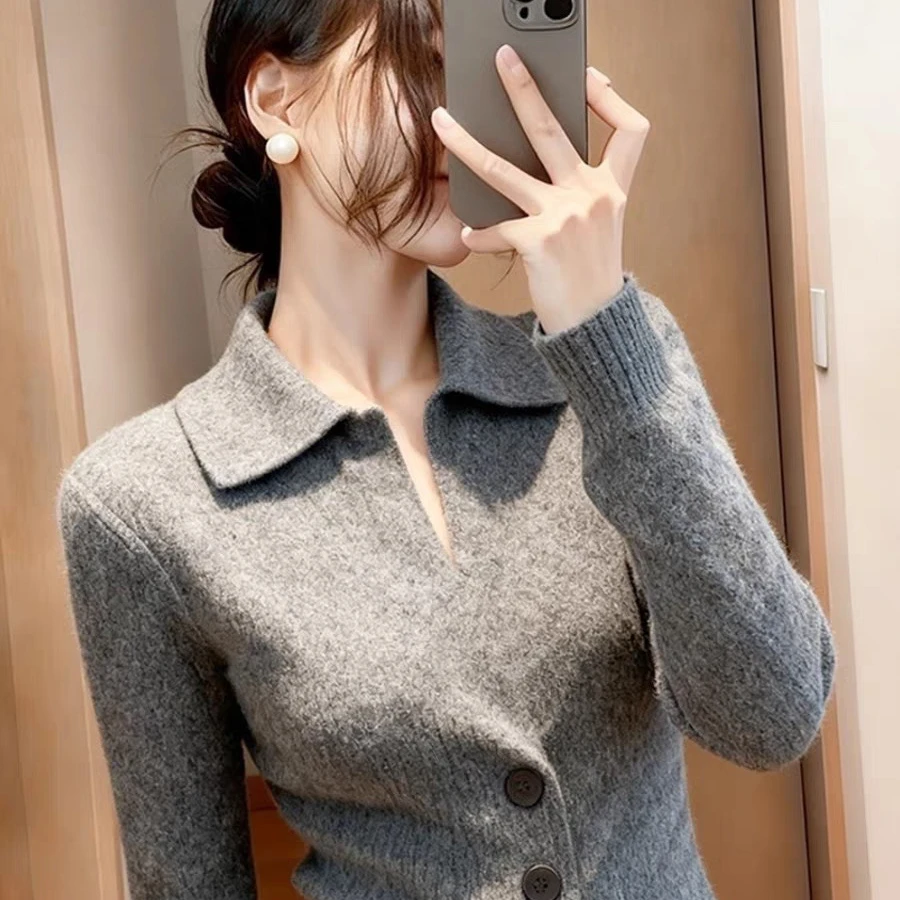 La Chapelle/无货秋冬款毛衣灰色翻领秋季新款松弛感显瘦时尚