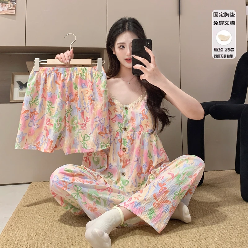 性感自带胸垫吊带三件套睡衣女夏季无袖甜美开衫高级感家居服套装