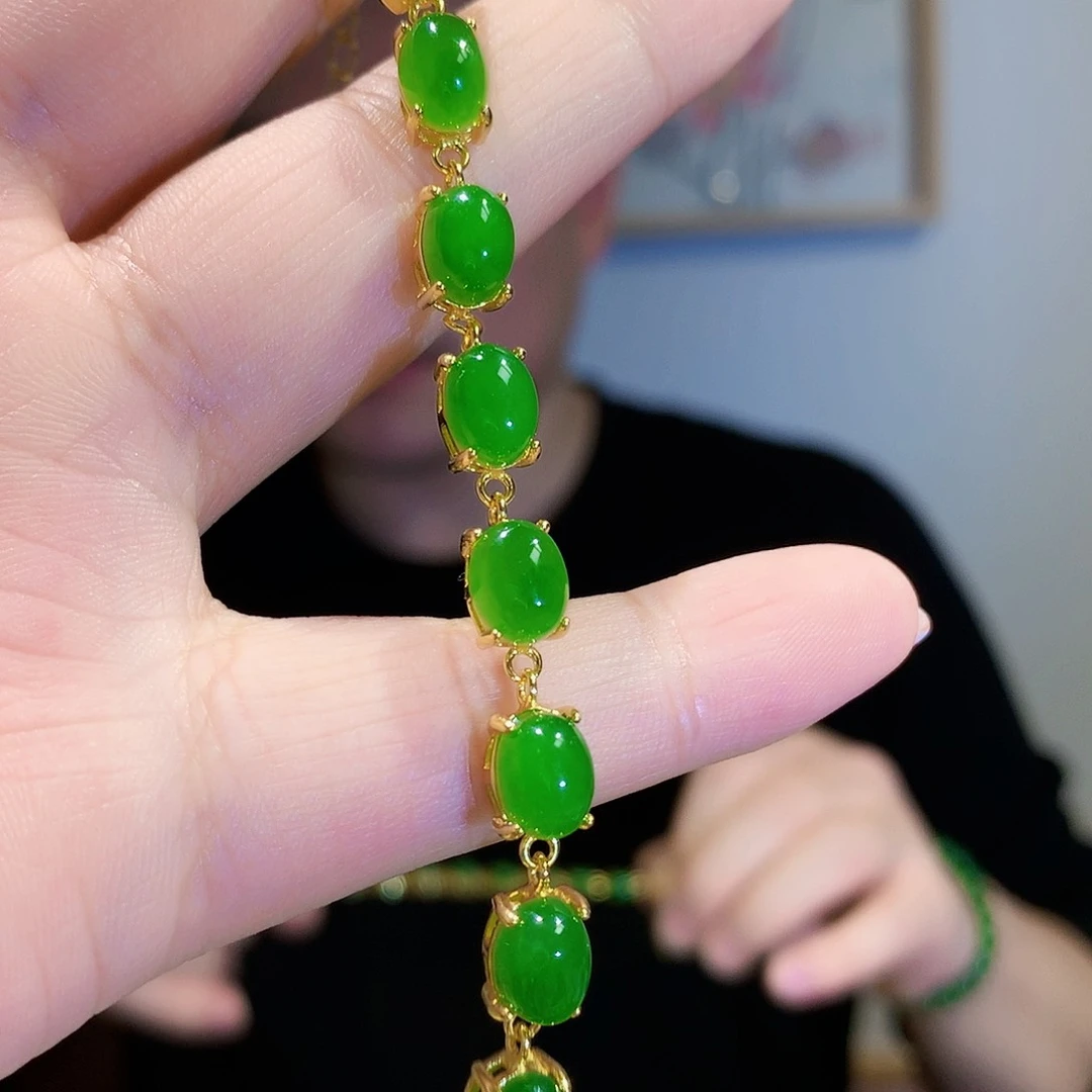 和田玉（碧玉）手链银S925镀金镶嵌