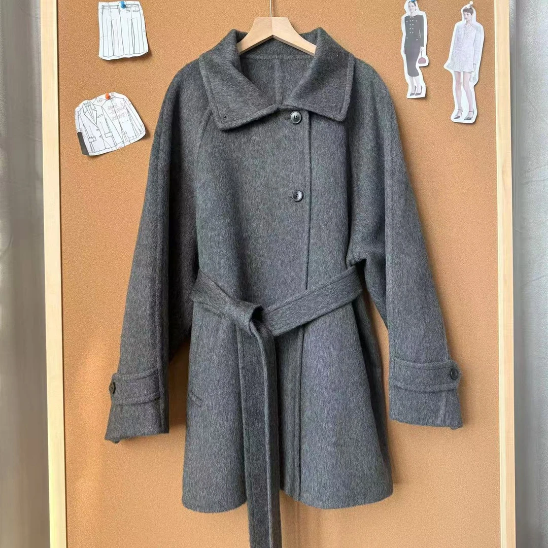 小个子中长款双面毛呢外套女2024冬极简高级系带翻领双面羊毛大衣