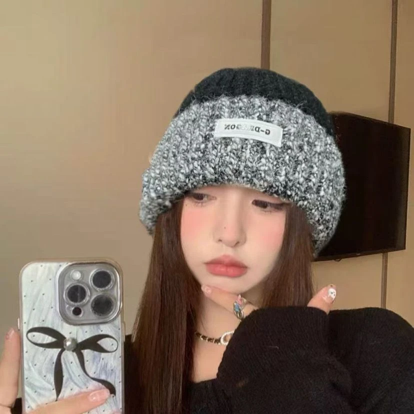韩系时尚百搭拼色针织帽子2025秋冬季新款加厚保暖显脸防寒毛线帽