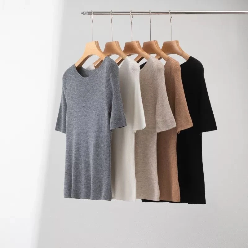 ROUHAN扬子纱一字领打底衫短袖夏季修身纯色中袖针织衫100%绵羊毛