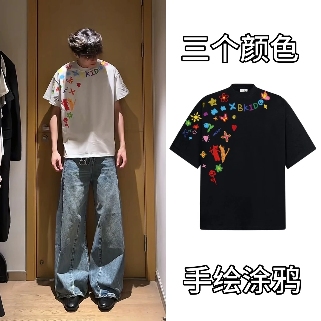 25ss夏季美式手绘设计涂鸦短袖T恤男女夏季情侣款复古高街tee半袖