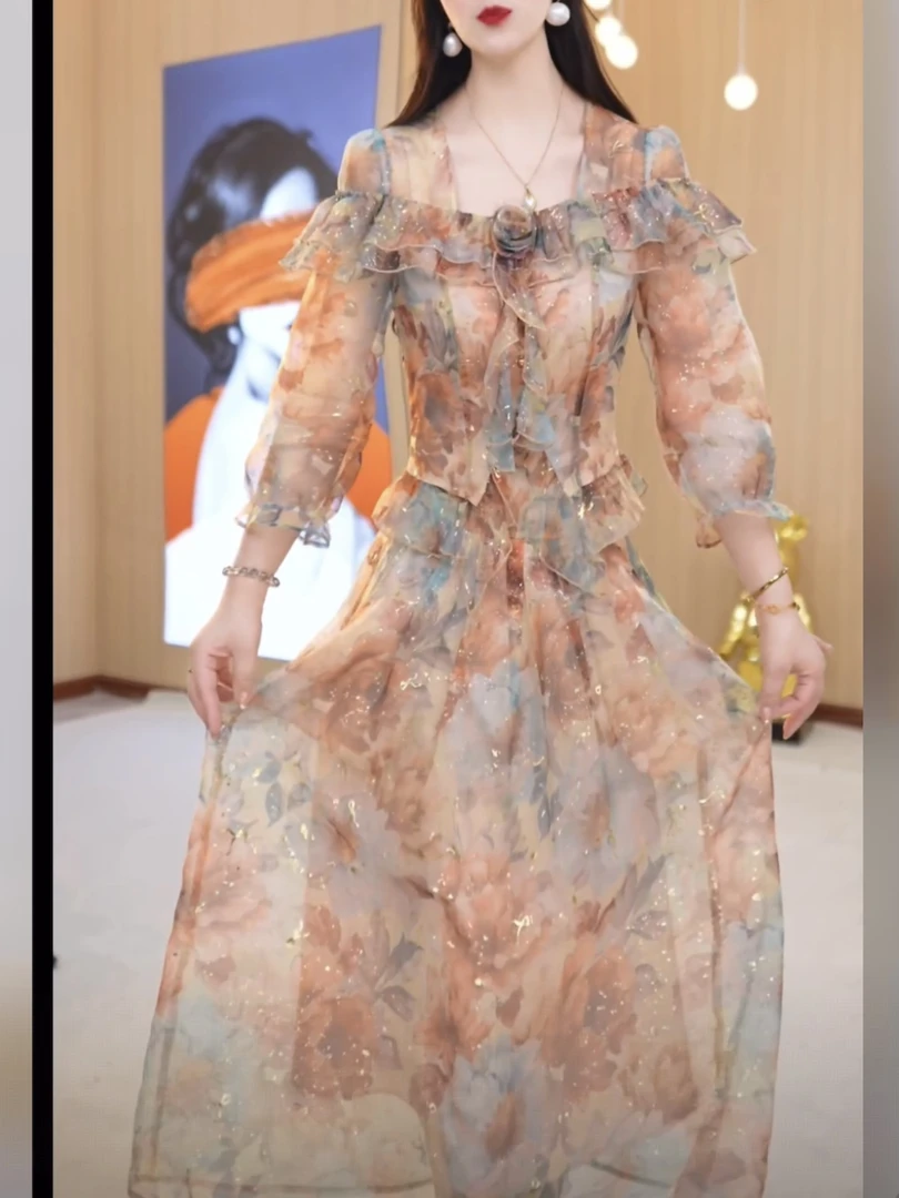 【上衣+半身裙】夏季新款方领碎花时尚修身收腰显瘦显白两件套裙