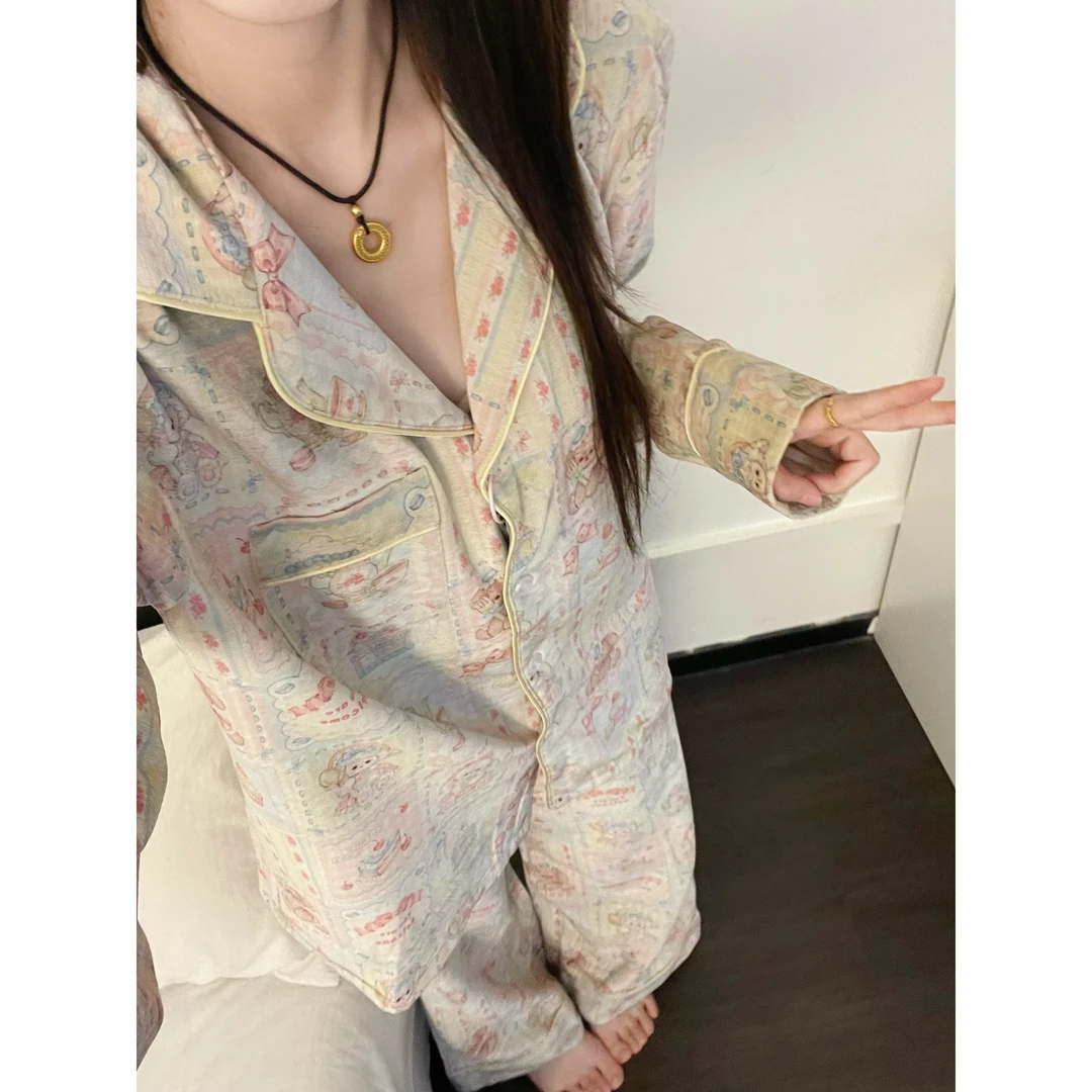 甜美少女卡通印花德绒长袖睡衣女春秋季新款大码可外穿家居服套装