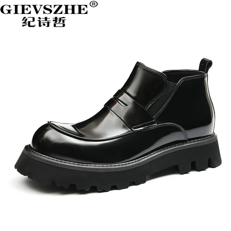 纪诗哲男士真皮马丁靴冬季新款厚底增高高帮皮鞋潮流休闲切尔西靴