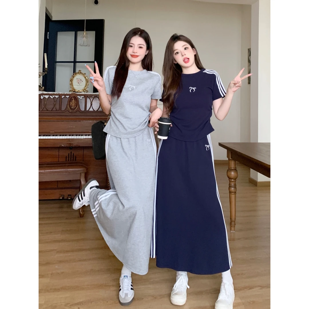 清仓折扣大码绝美运动休闲套时尚三条杠短袖T恤半身裙高腰两件套
