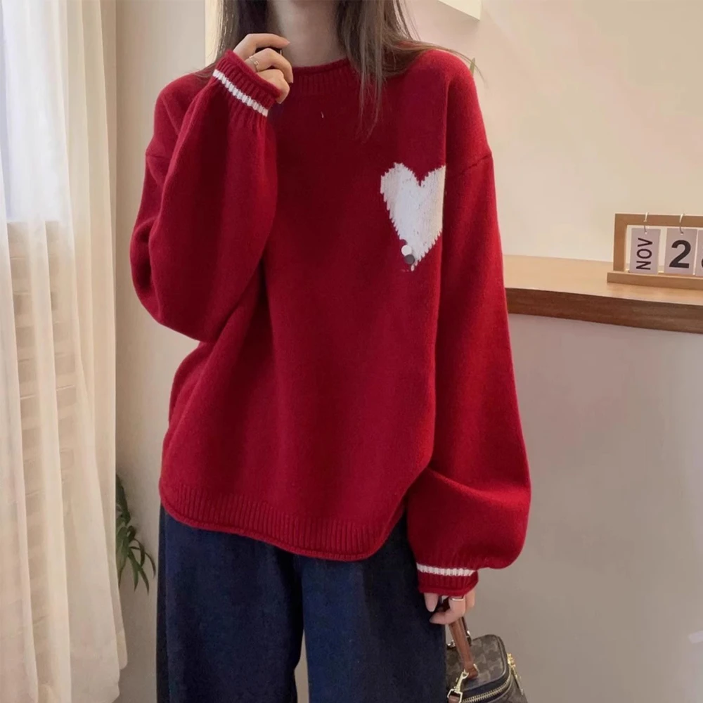 秋冬时尚洋气宽松圆领长袖套头爱心提花针织衫保暖休闲新款毛衣