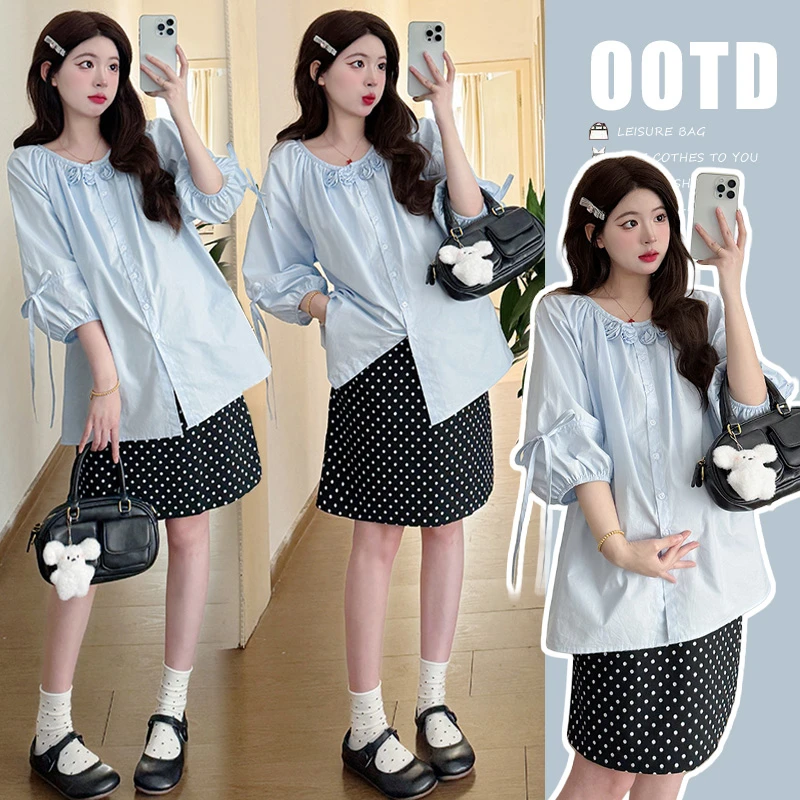 2025早春洋气孕妇重工手工花朵甜美上衣＋百搭波点半身裙两件套女