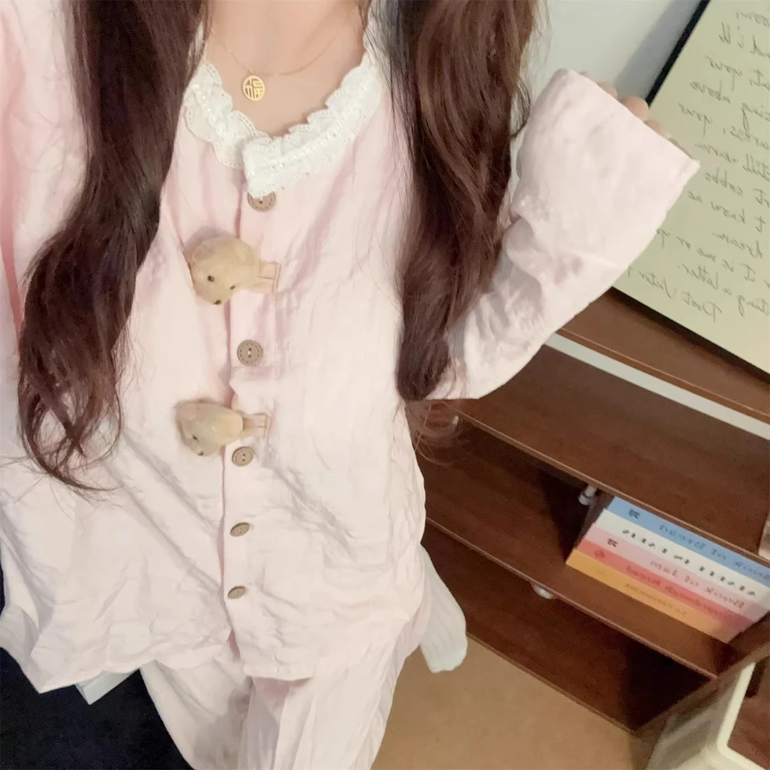 日系睡衣女长袖长裤甜美卡通小熊花边带胸垫开衫云朵棉家居服套装