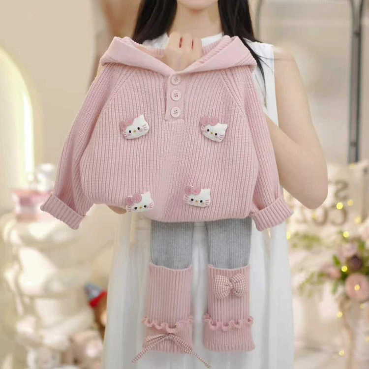 2025新款秋冬可爱小猫毛衣女童洋气连帽外套灰色打底裤袜套保暖